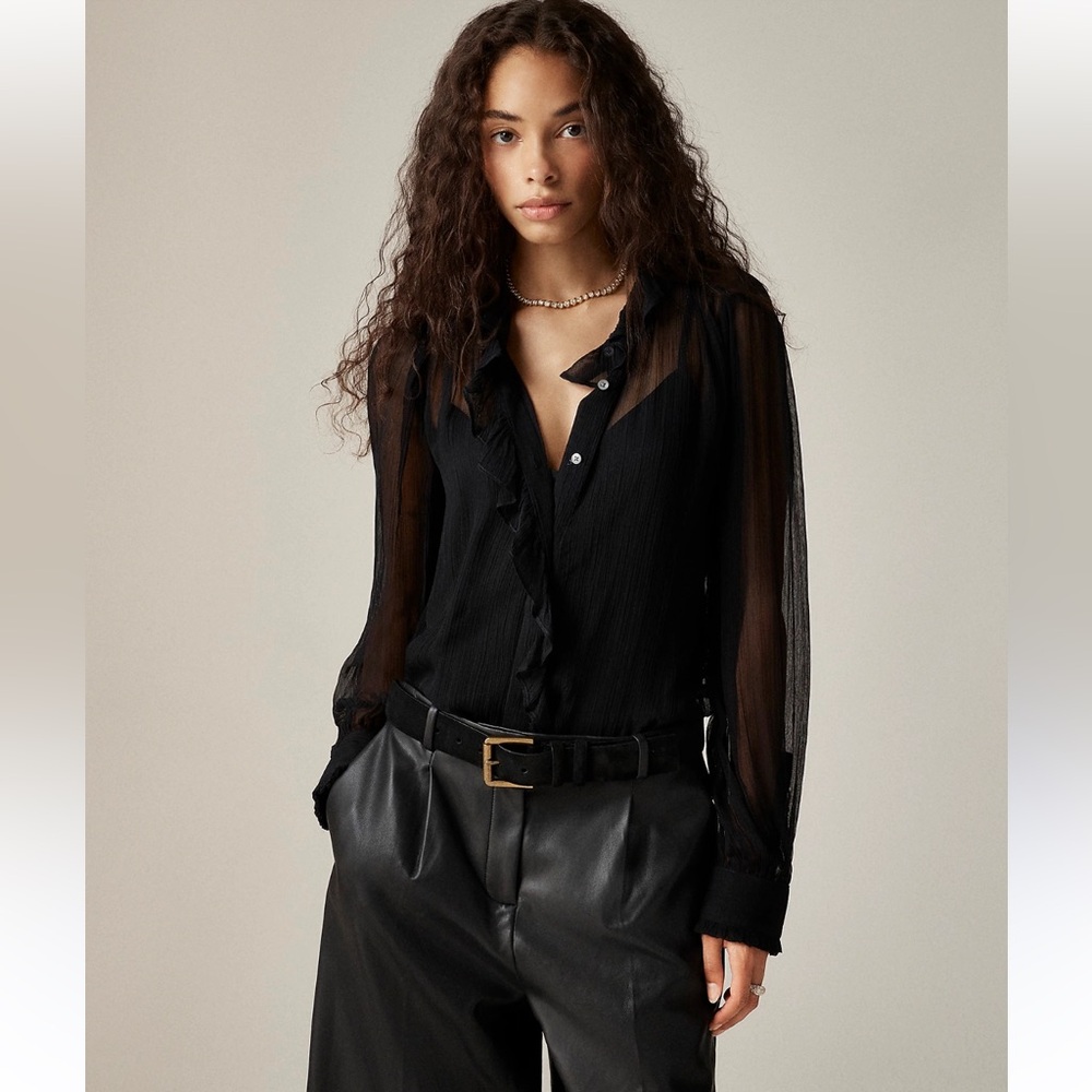 J. CREW NWT Black Ruffle Button-up Crinkle Chiffon size 8 - Picture 2 of 9